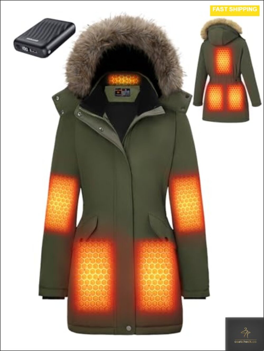 Heated Long Jacket Women Faux Fur Hood Graphene 8 Zones Battery